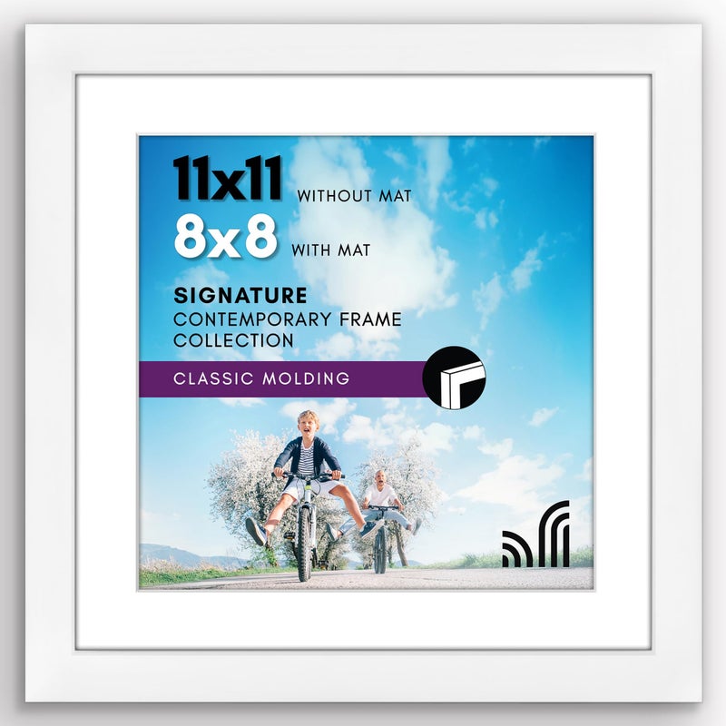 Americanflat 11x11 Picture Frame with Shatter-Resistant Glass - Use as 8x8 Frame with Mat or Display 11x11 Photo Without Mat - Signature Collection - Square Frames for Wall Display - White - Image 1